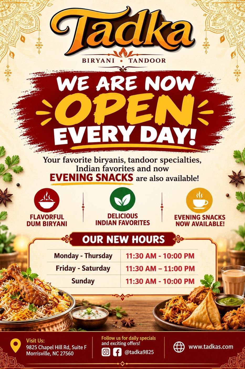 Tadka is now open every day: new hours and evening snacks